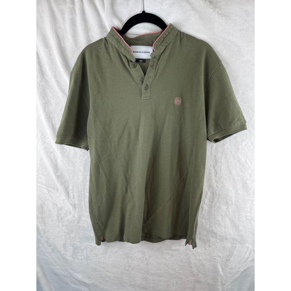 The Kooples Sport Mens Slim Fit Band Collar Polo Shirt Olive Green Pink Size‎ M